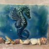 Handmade resin seahorse with shells on canvas wall decor