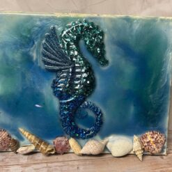 Handmade resin seahorse with shells on canvas wall decor