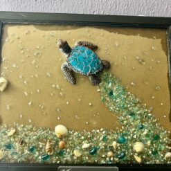 8x10 sea turtle in frame blue stones white shells