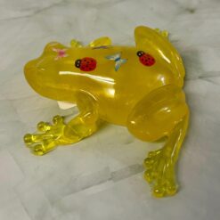Yellow resin frog with ladybug and butterfly handmade