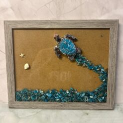 8x10 sea turtle in frame blue stones white shells grey frame