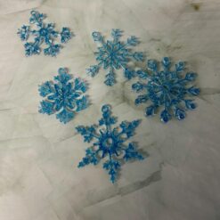 set of 5 approx 1 inch delicate blue snowflake ornaments