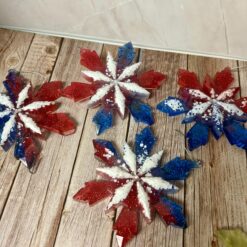 Set of 4 blue red white snowflake ornaments